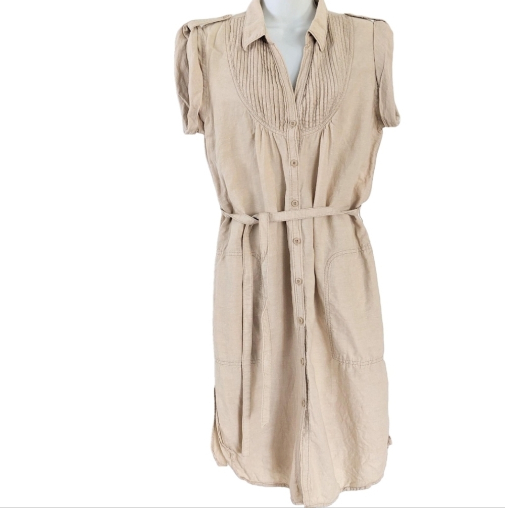 Gap Accordion pleats 100% linen button down midi shirt dress beige tan medium